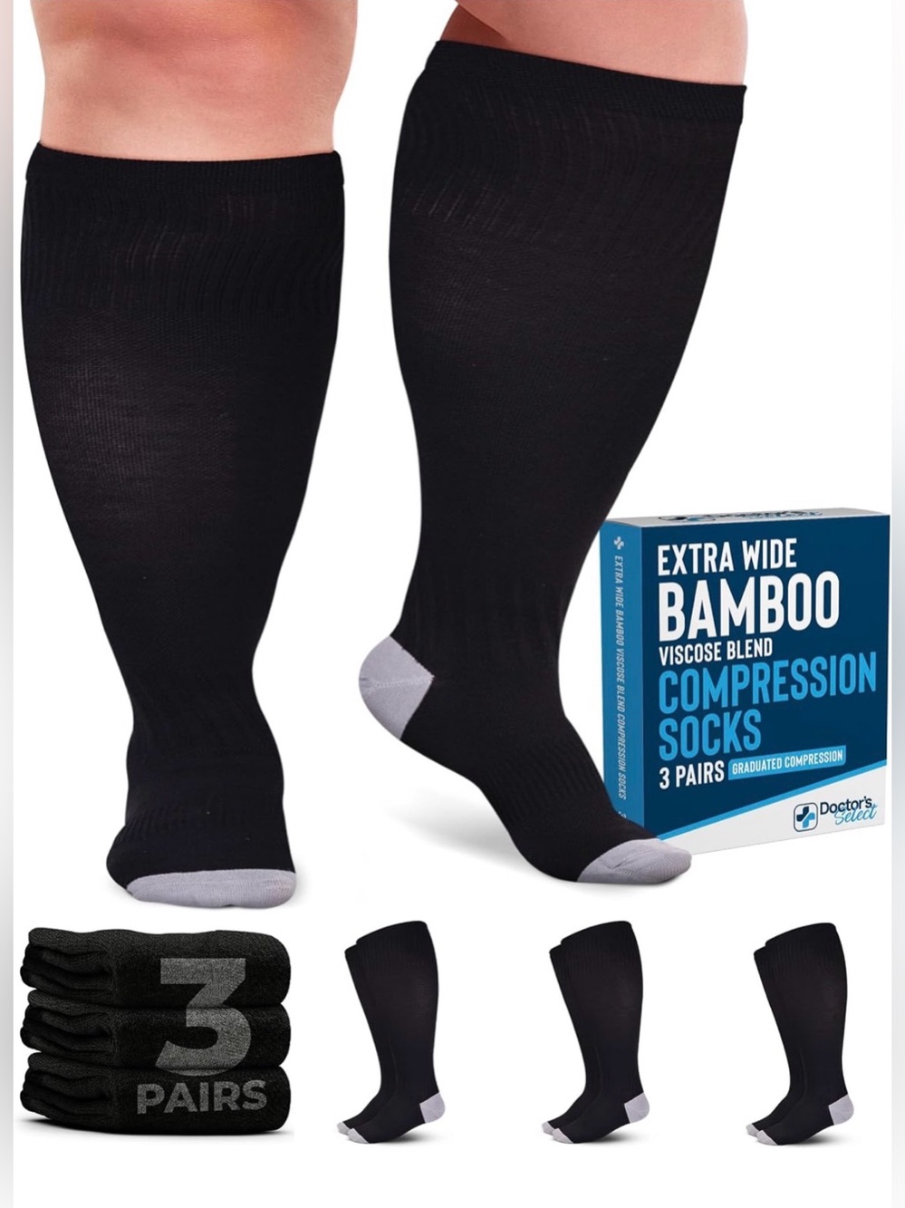 Doctor's Select Extra Wide Bamboo Viscose Compression Socks 3 Pairs Black/Gray